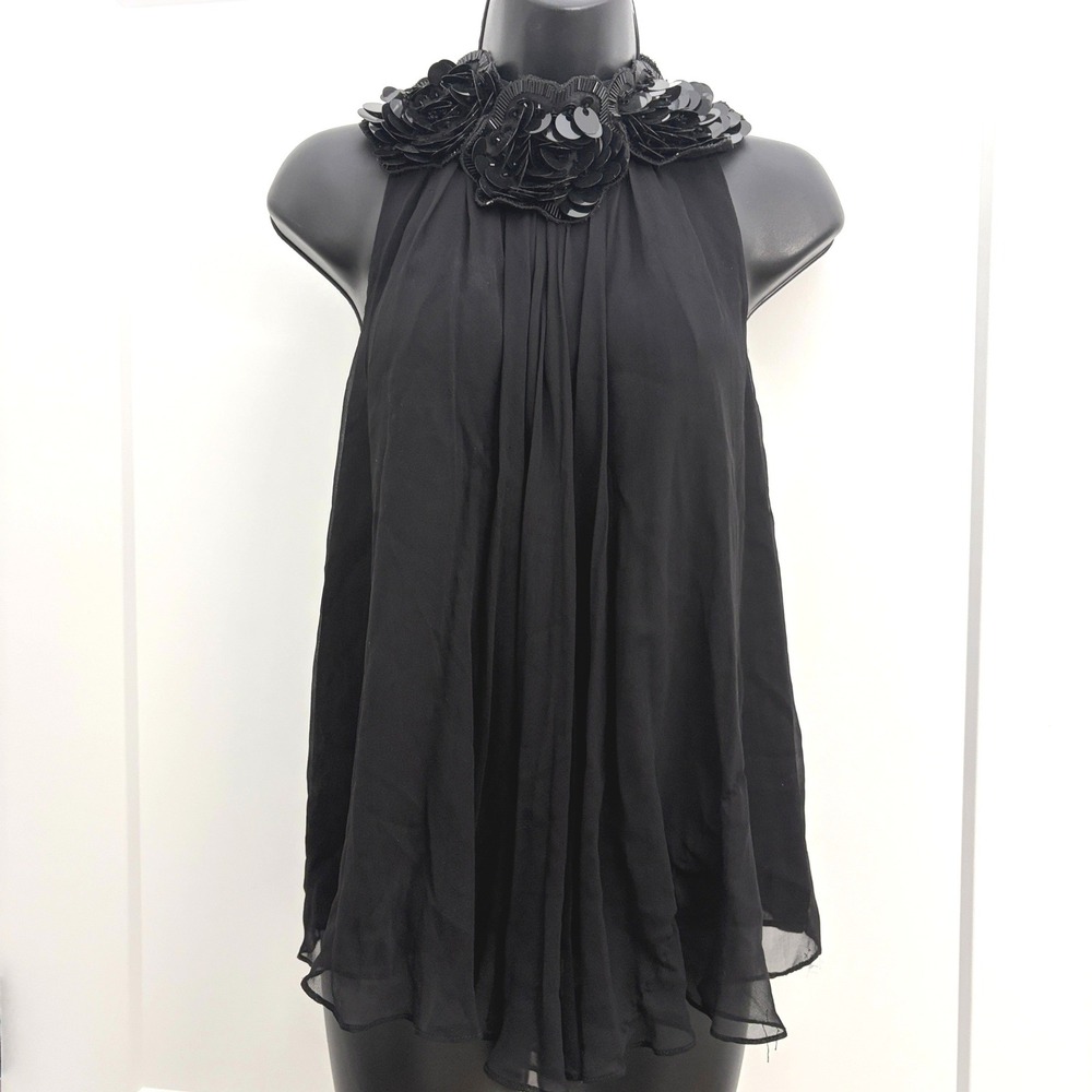Vintage Halter Top Sequin Floral Rosette Beaded Chiffon Black Small